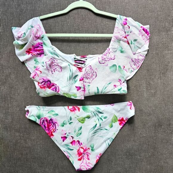 TiniBikini White & Pink Tropical Ruffle Off-Shoulder Ribbed Bikini Top & Bottoms - Picture 2 of 16